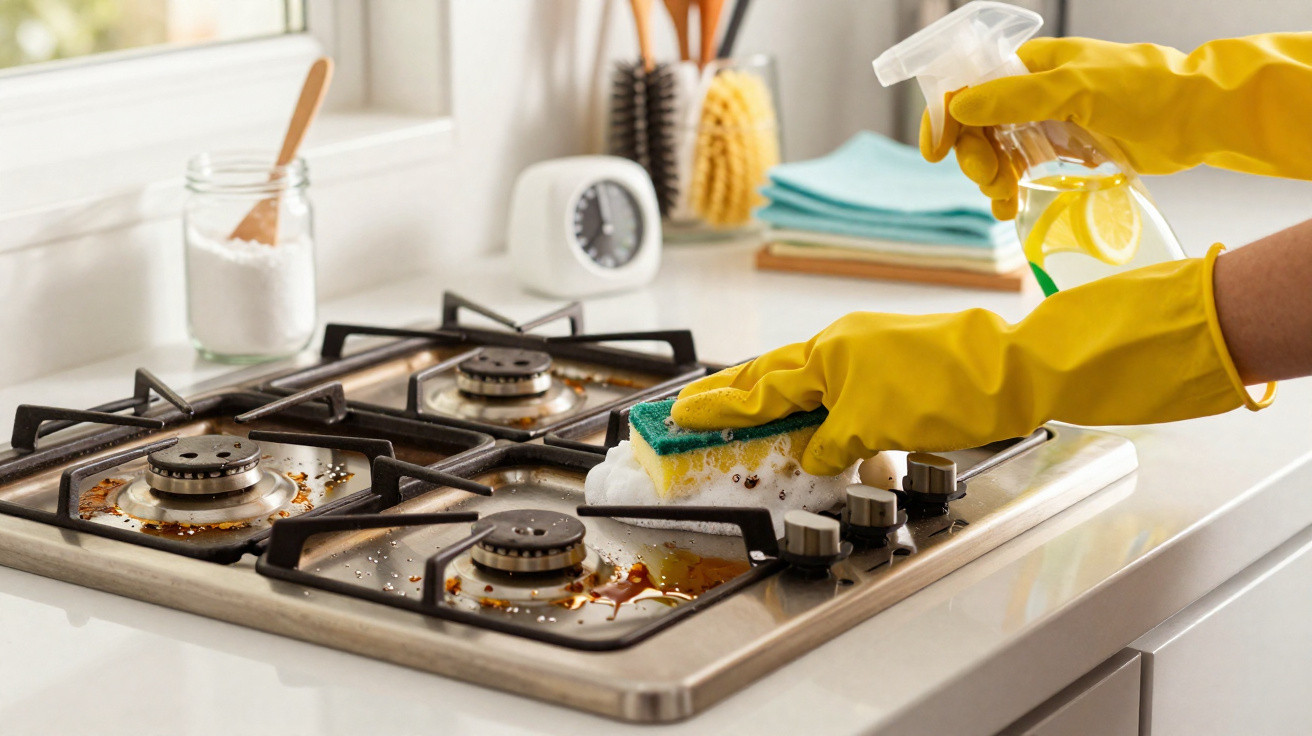 Person wearing yellow gloves cleaning a dirty gas stove with a sponge and spray bottle in a kitchen.