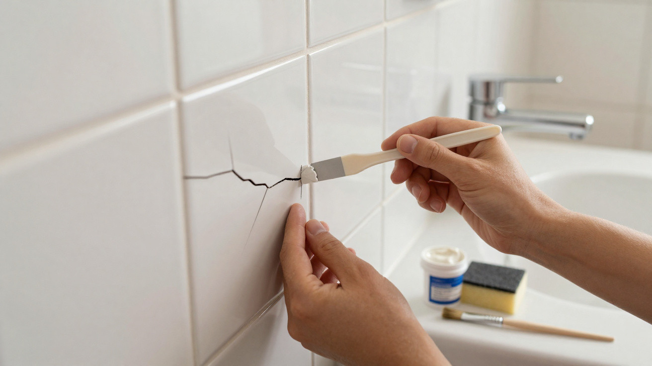 Hands applying filler to a cracked white bathroom tile using a small spatula near a sink.