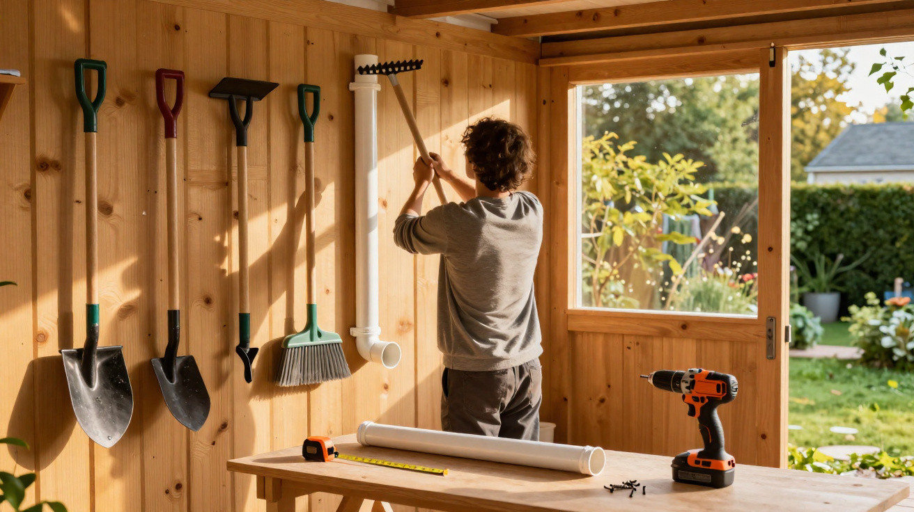 Person installing a white gutter pipe inside a wooden garden shed with tools on a table and garden outside.