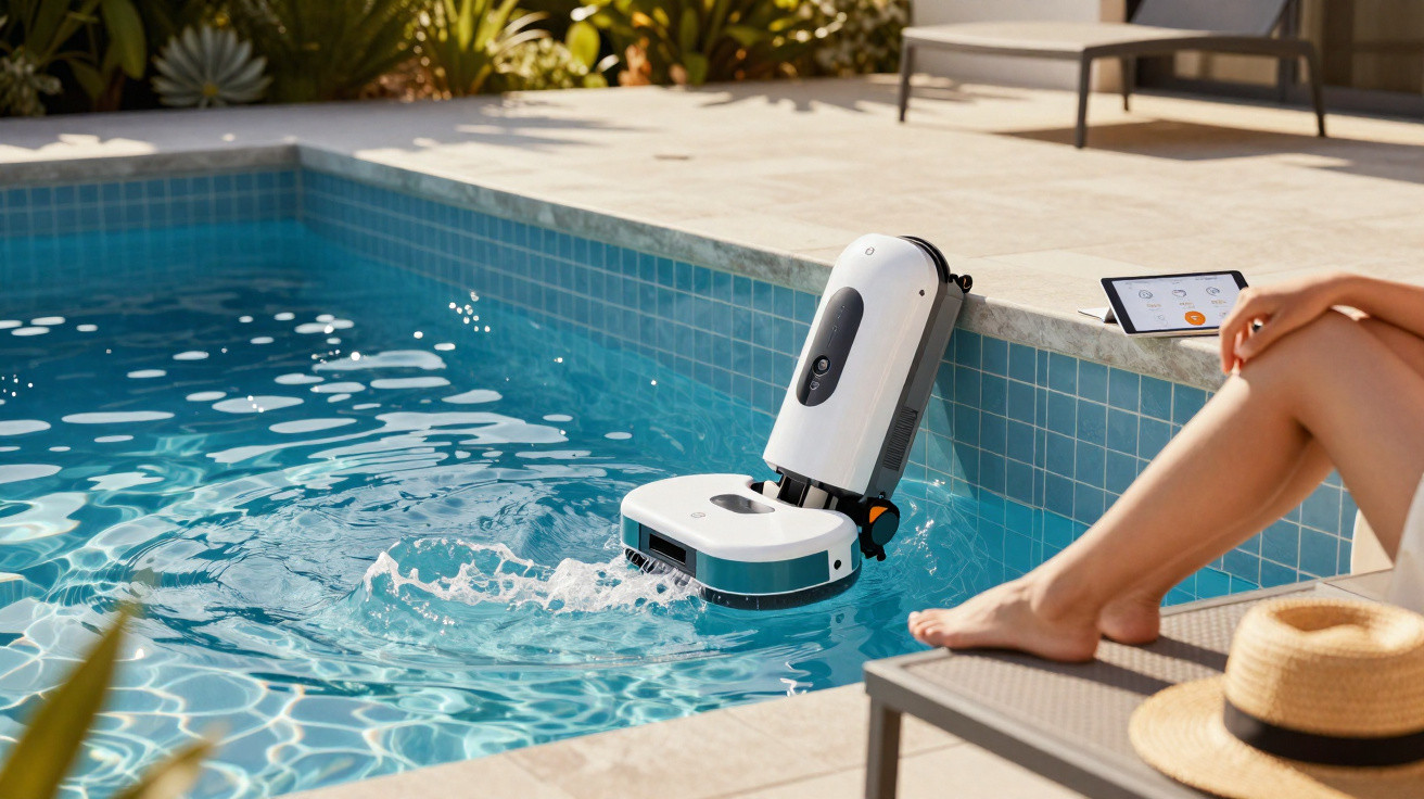 Robotic pool cleaner cleaning a tiled pool while a person controls it with a tablet by the poolside.