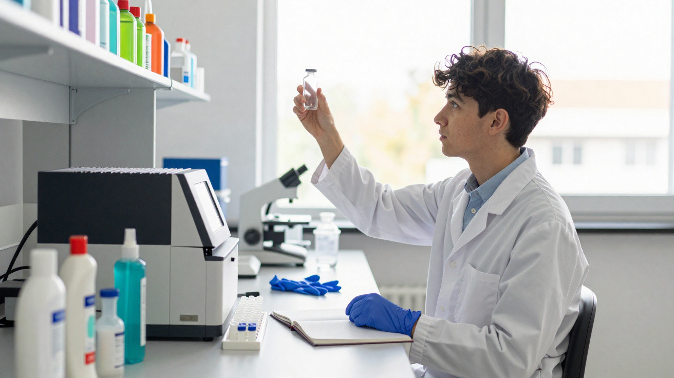 Scientist in a lab coat and gloves examining a vial, seated at a lab bench with equipment and bottles nearby.