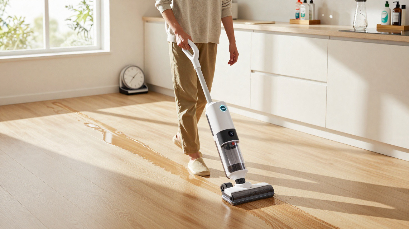 Person cleaning a light wood floor with a white cordless vacuum in a bright kitchen.