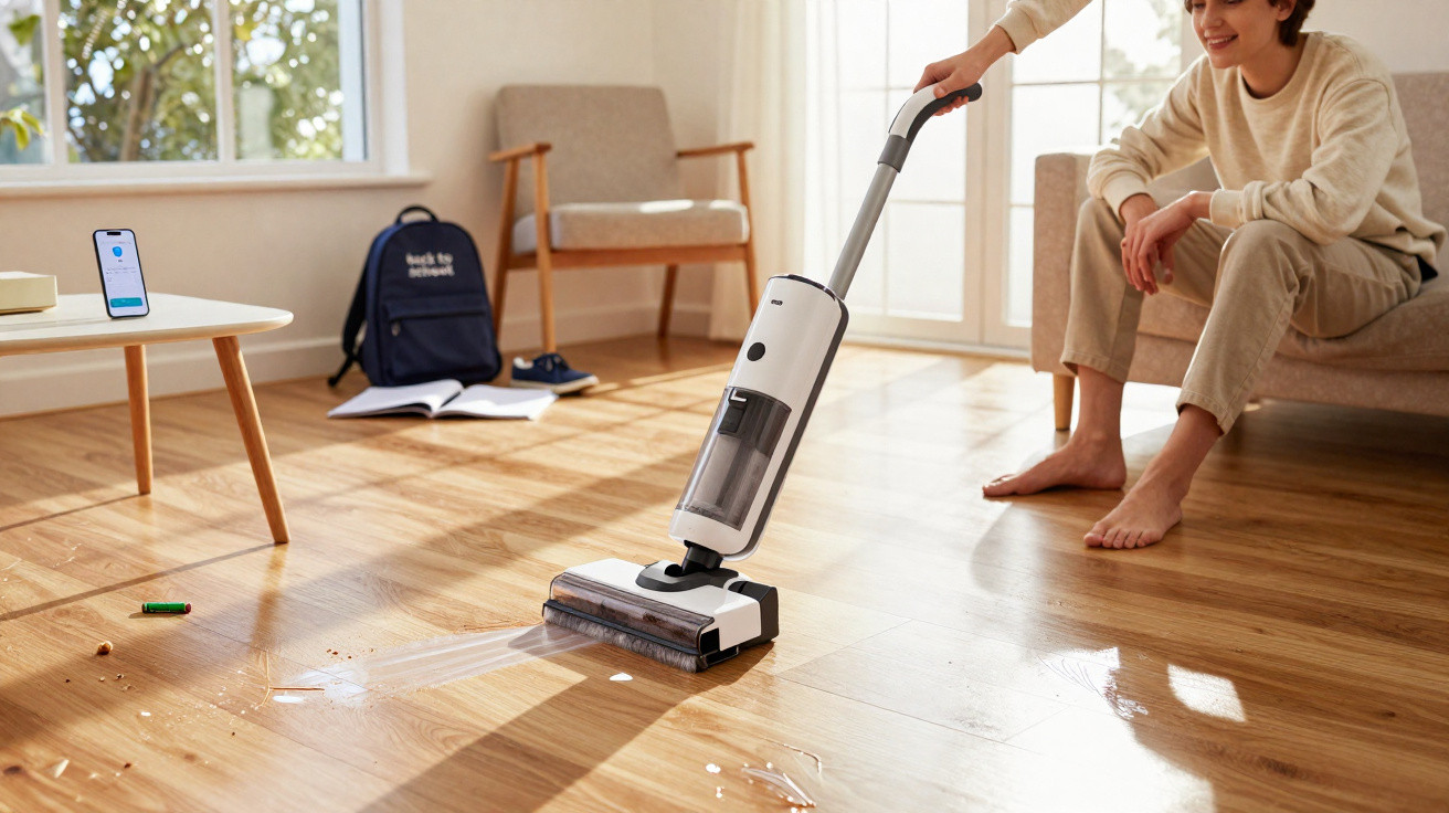 Person using a white cordless vacuum to clean spills and crumbs from a wooden floor in a bright living room.