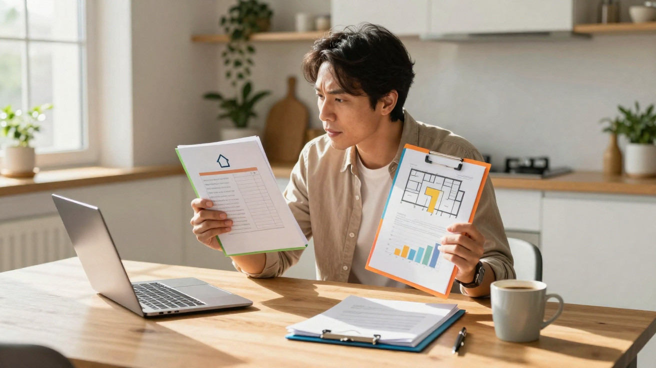 Man sits at wooden table reviewing real estate documents and charts with open laptop in kitchen setting.