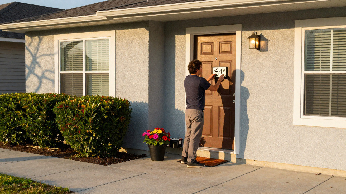 Man attaching a 549 sign to the front door of a beige house with white window frames at sunset.