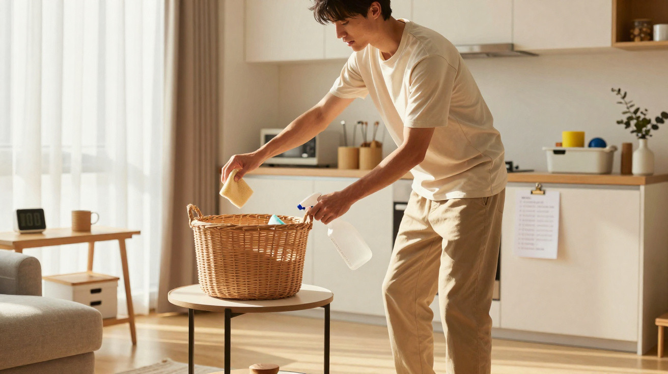 Man in beige clothes placing a sponge in a wicker basket on a table in a sunlit living room.