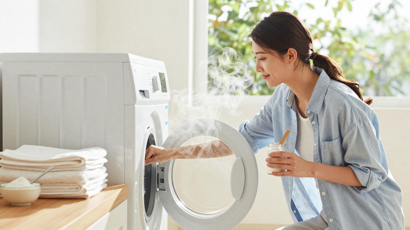 Woman checking steaming clothes in front-loading washing machine in bright laundry room