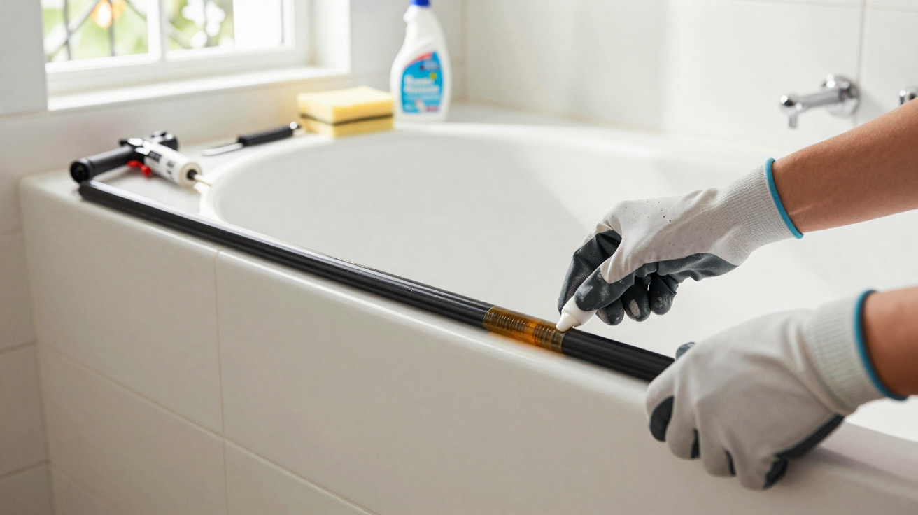 Person wearing gloves applying sealant to a bathtub edge with a caulking gun in a bathroom.