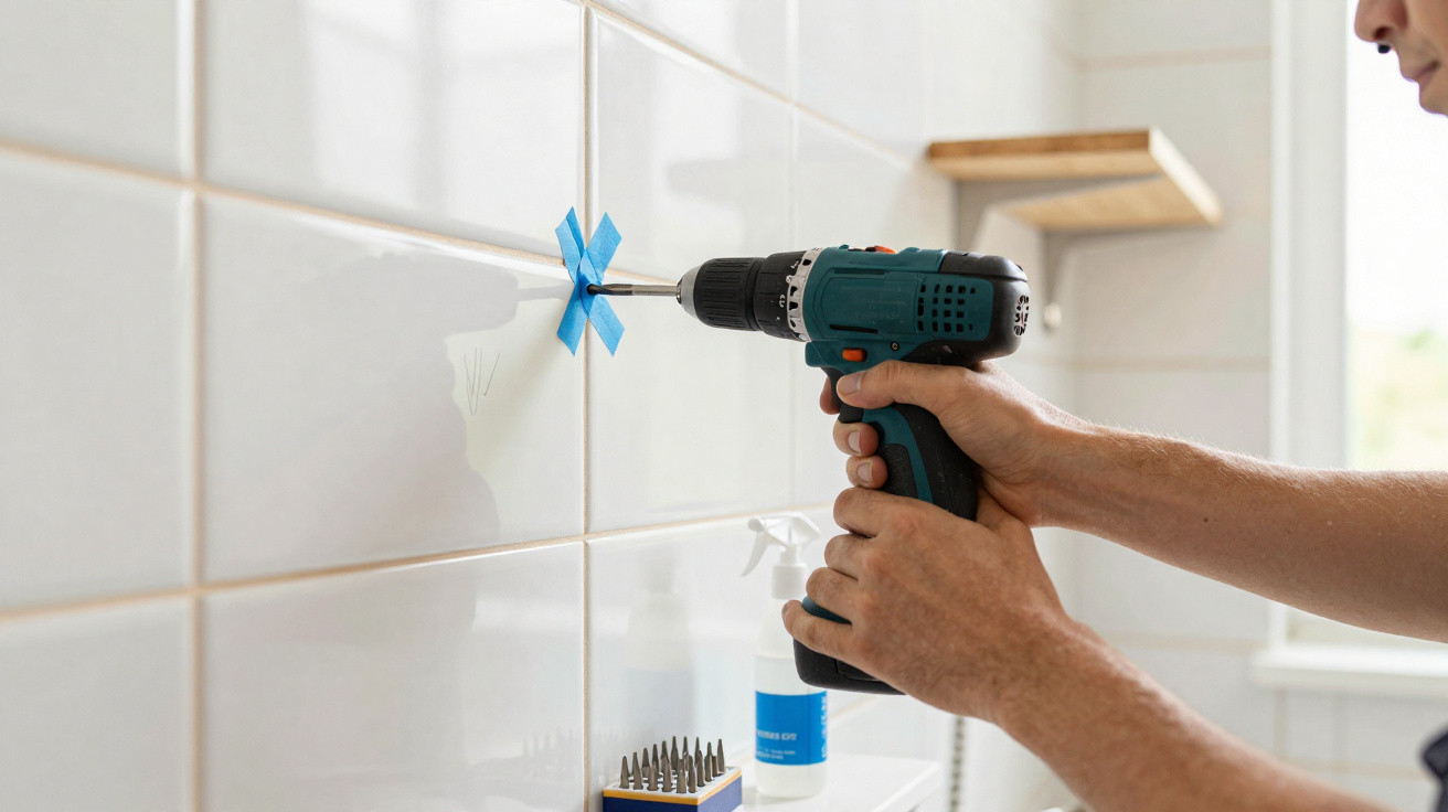 Person drilling into a white tiled wall with a power drill, using blue tape for precision alignment.