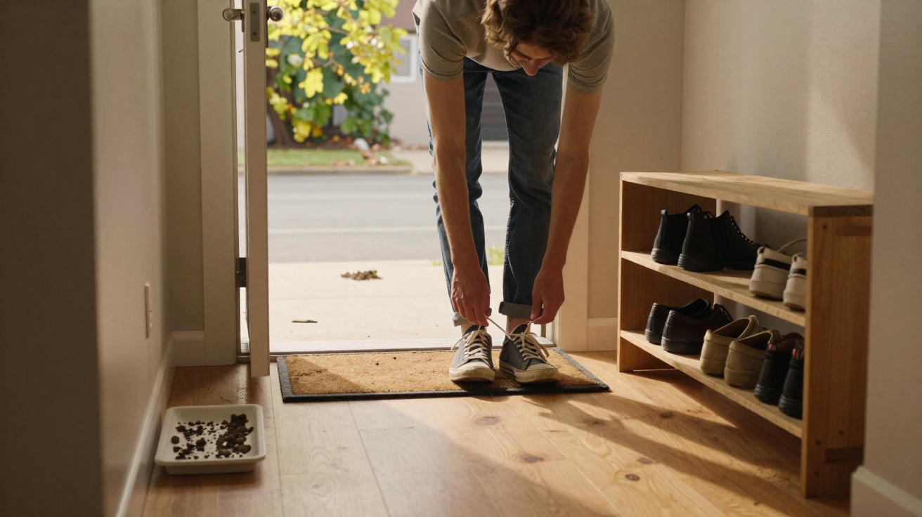 Person bending to tie shoelaces near an open front door with a shoe rack and a pet food bowl nearby.