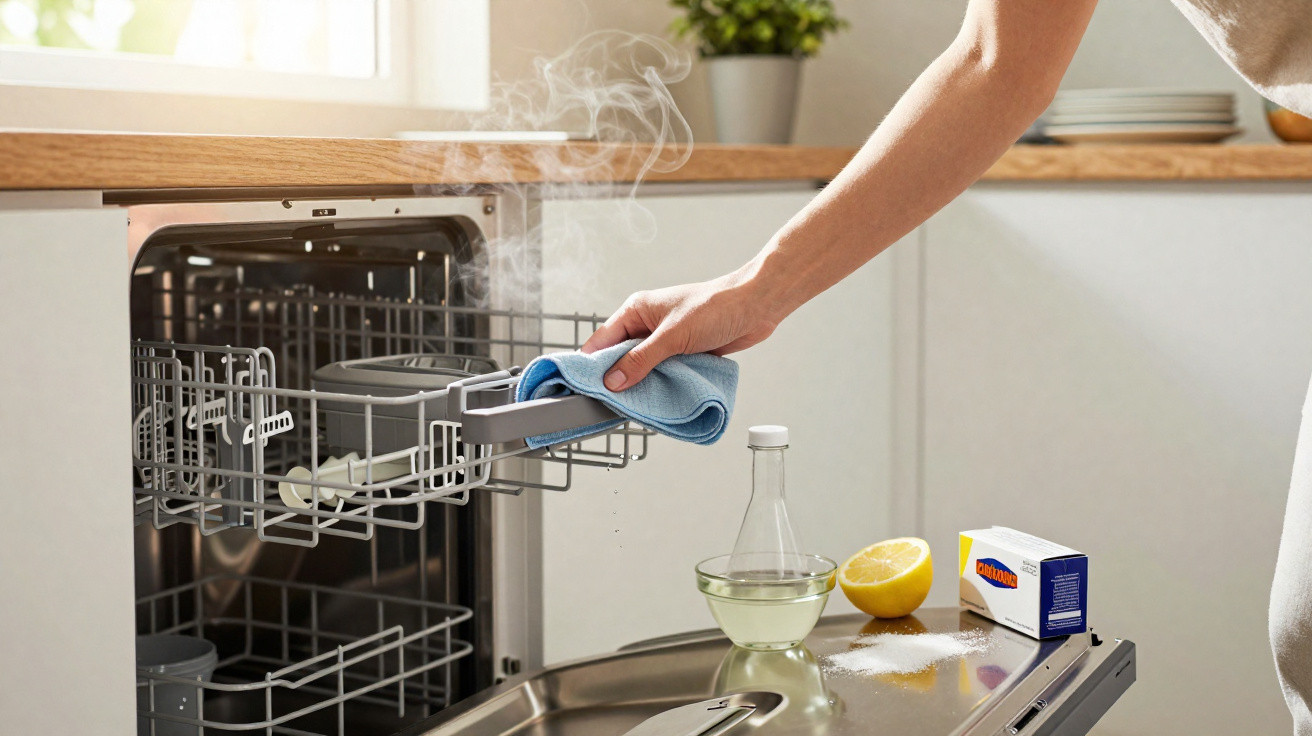Hand removing steaming hot rack from dishwasher using cloth in bright kitchen with lemon and cleaning products nearby.