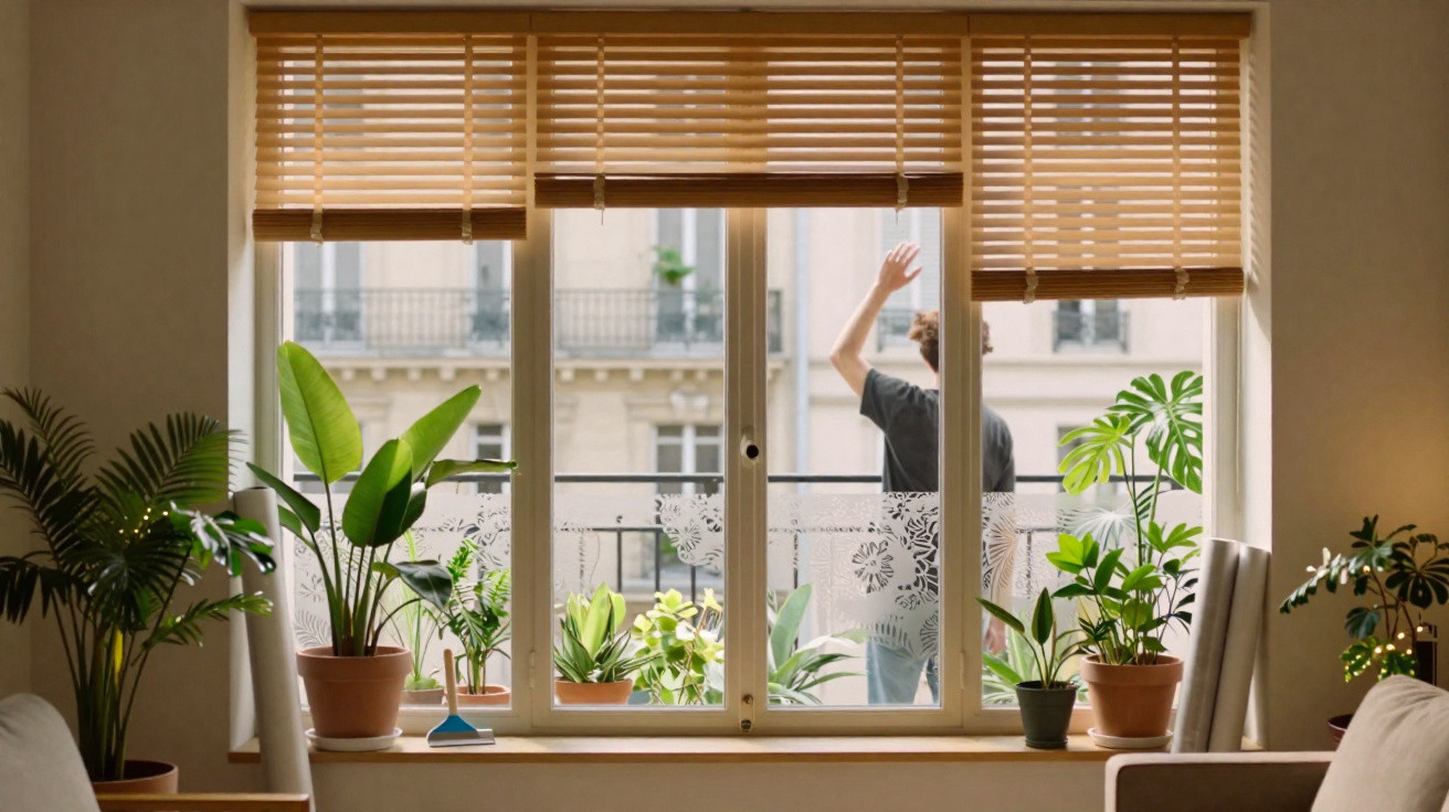 View through a window with wooden blinds showing potted plants and a person waving on a balcony outside.