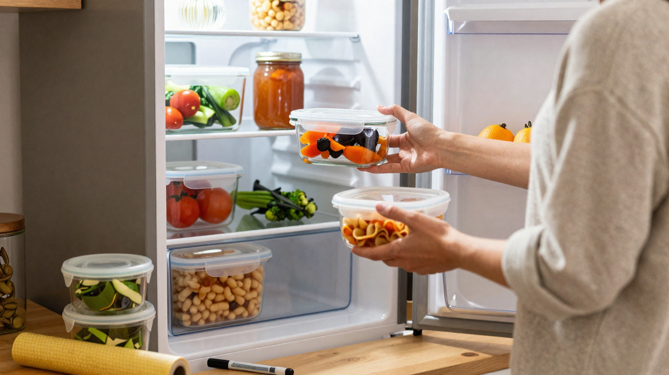 Person organising colourful fresh vegetables and pasta in transparent containers inside a fridge.