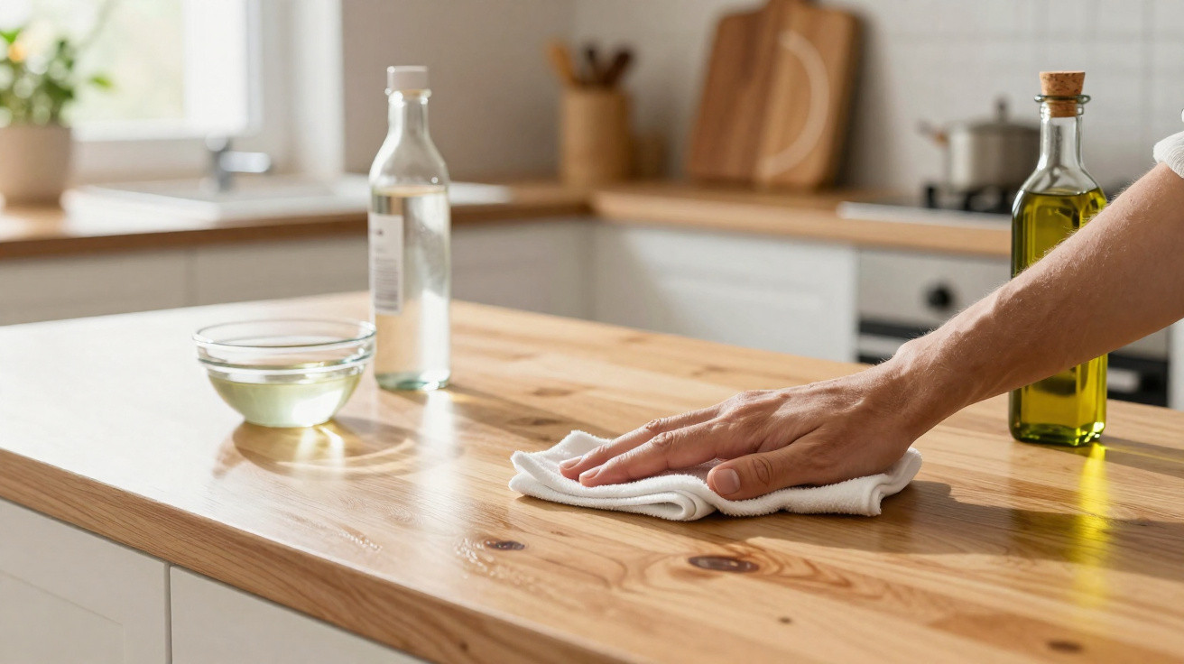 Hand wiping a wooden kitchen countertop with a white cloth next to glass bottles and a bowl.