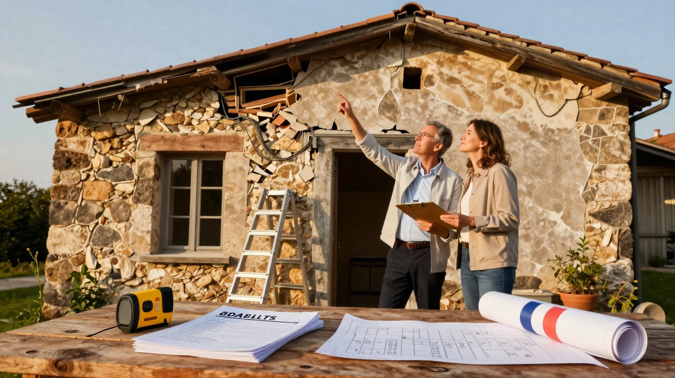 Two people inspecting damage on a stone house with repair plans and ladder nearby.