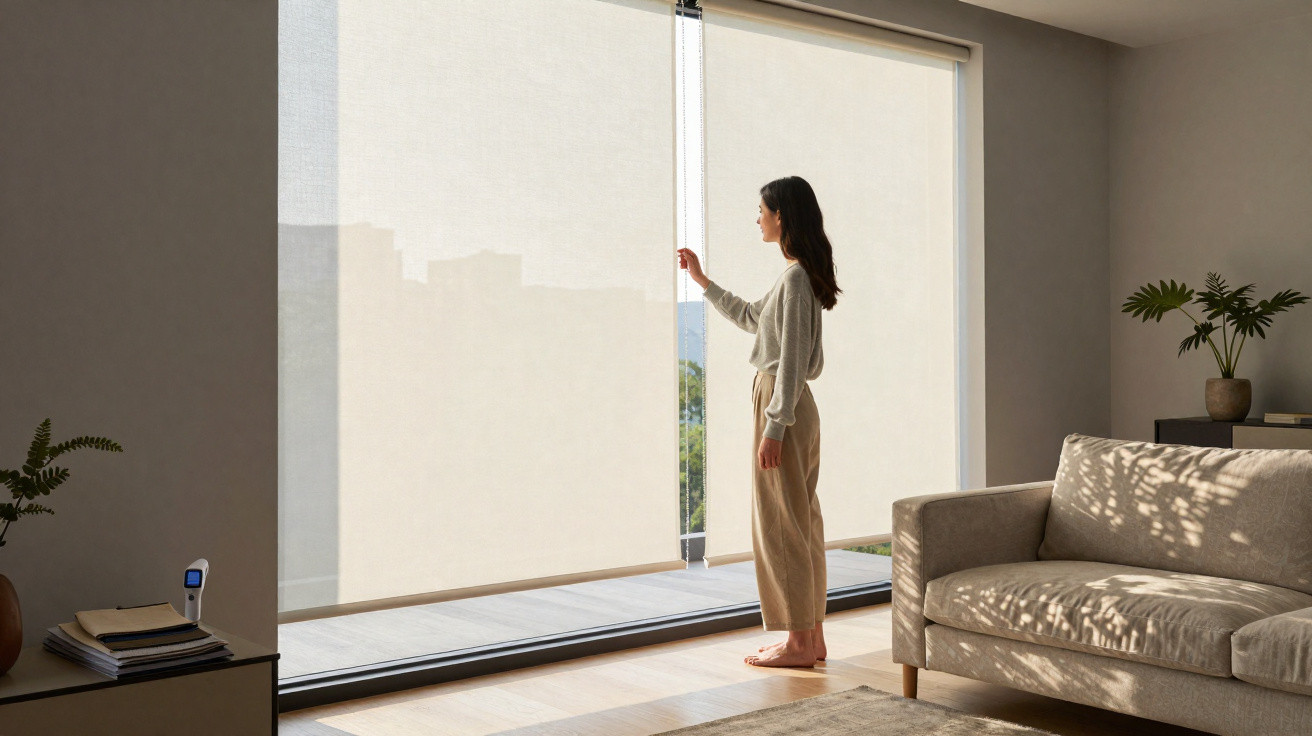 Woman adjusting light beige roller blinds in a bright modern living room with beige sofa and plants.
