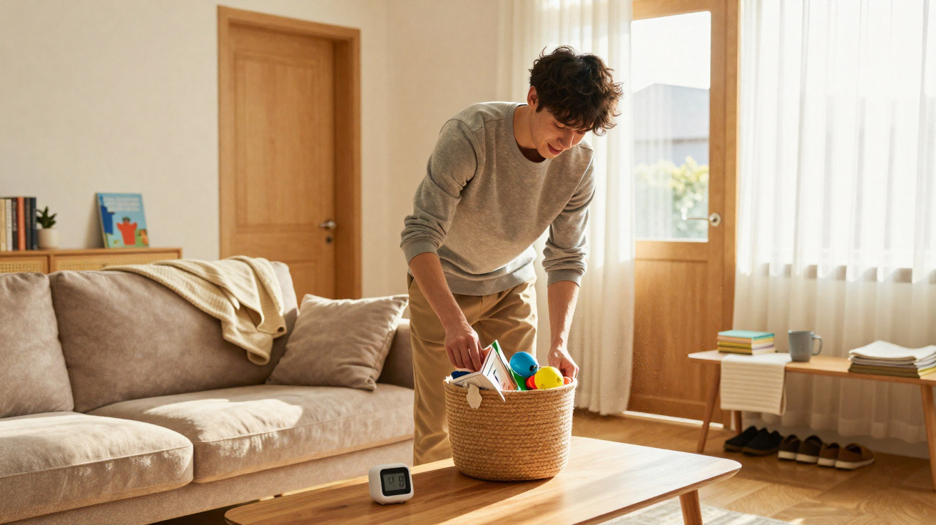 Young man tidying toys into a basket in a bright, cosy living room with natural wooden furniture.