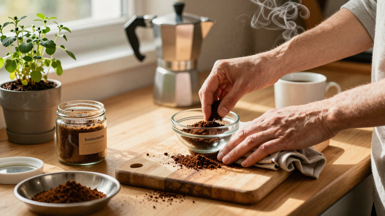 Hands handling ground coffee on a wooden board with steaming coffee cup and moka pot on a kitchen counter.