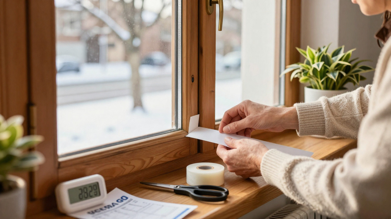 Person applying weatherproofing tape to a wooden window frame on a snowy day, with plants and scissors nearby.