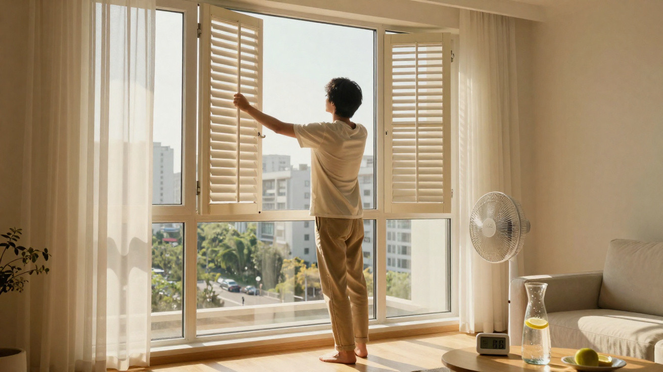 Person adjusting white wooden shutters on a large window in a sunlit modern living room.