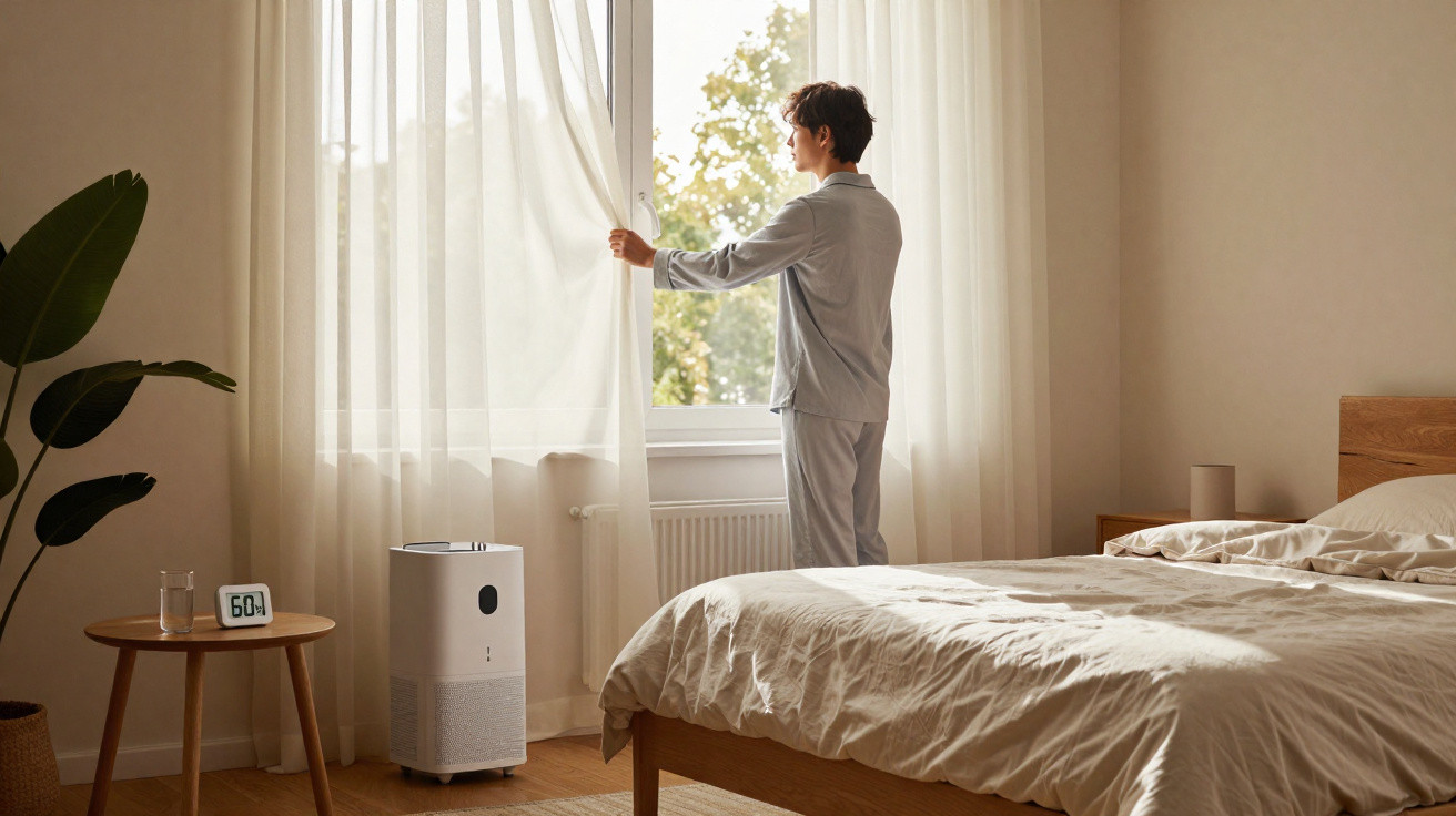 Person in grey pajamas opening sheer curtains in a sunlit bedroom with a bed and air purifier visible.