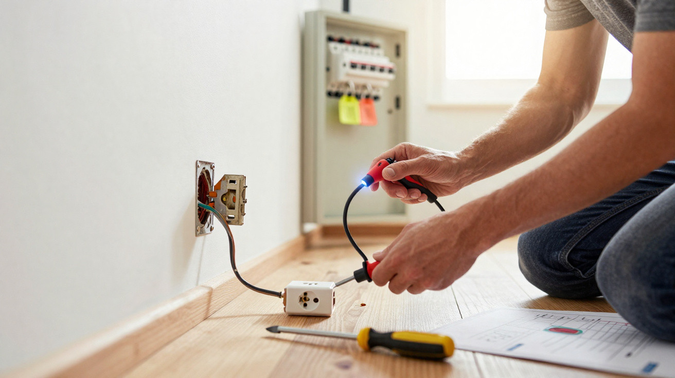 Person using a voltage tester to check an electrical socket on a wooden floor near a fuse box.