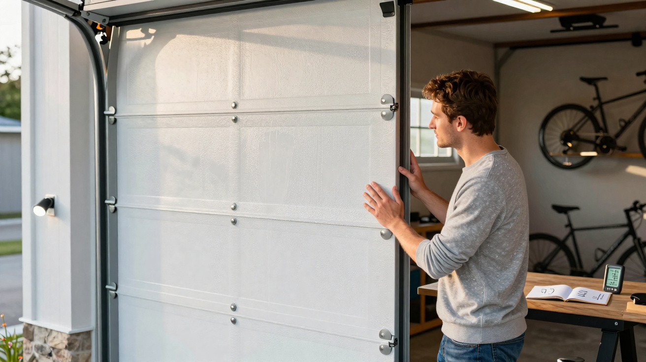 Young man opening a white garage door with bicycles and a desk inside the garage.