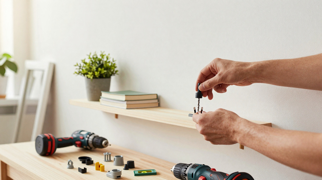 Person assembling a wooden wall shelf using a drill and hardware components in a bright, tidy room.