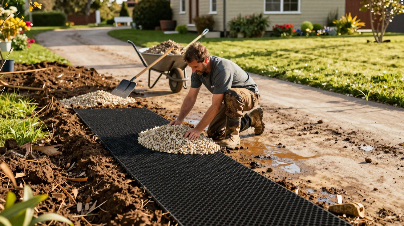 Man kneeling on driveway laying white stones on black grid for garden pathway with wheelbarrow nearby