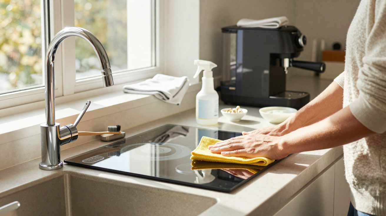 Person cleaning a modern kitchen stove with a yellow cloth beside a sink and window.
