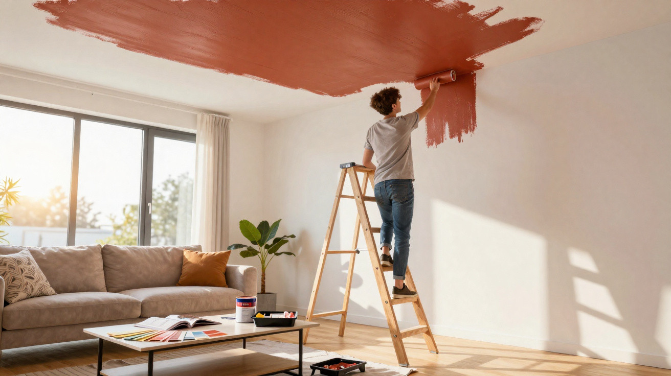 Person standing on a ladder painting a ceiling terracotta in a bright living room with sunlight and plants.