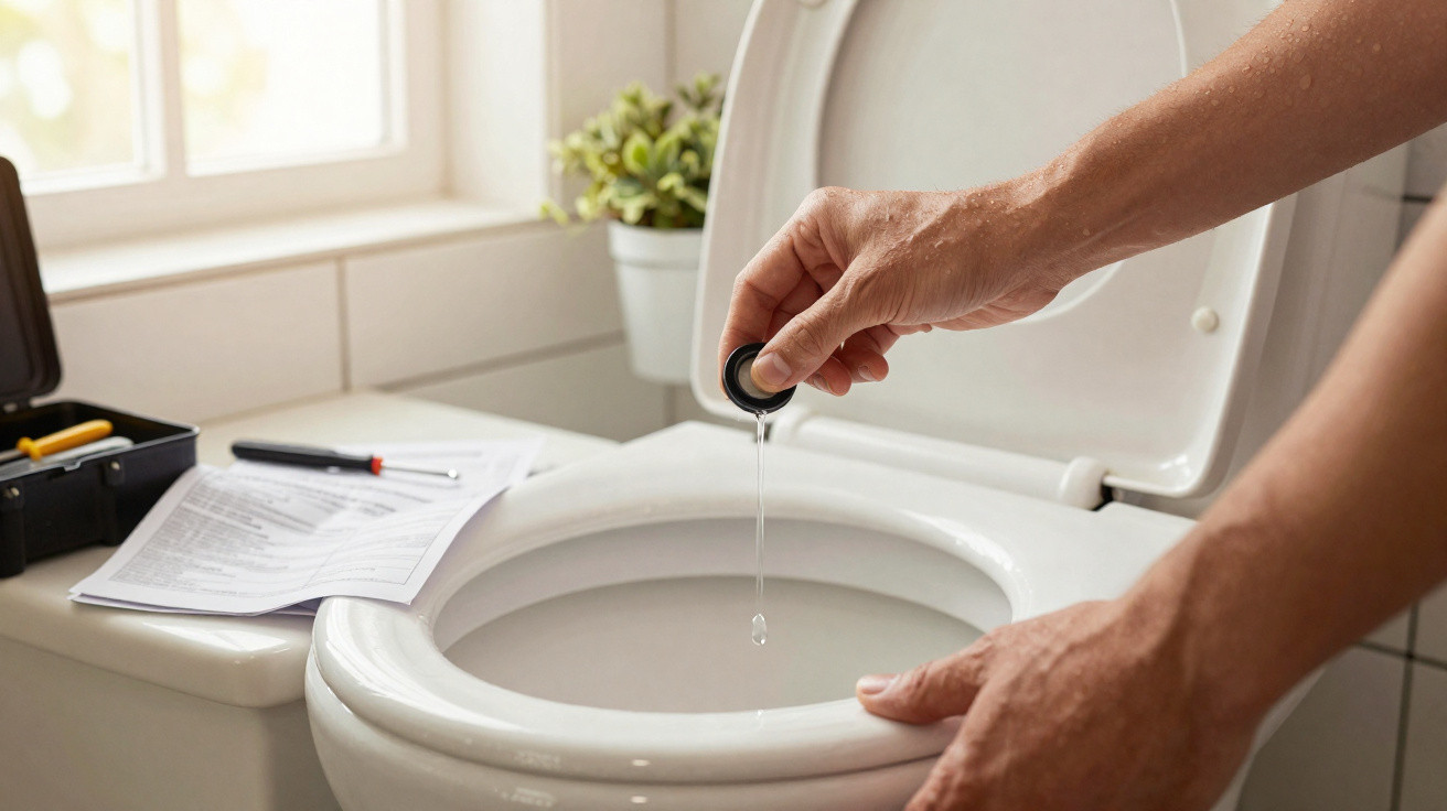 Person pouring a liquid cleaner from a bottle into a toilet bowl with tools and instructions nearby.