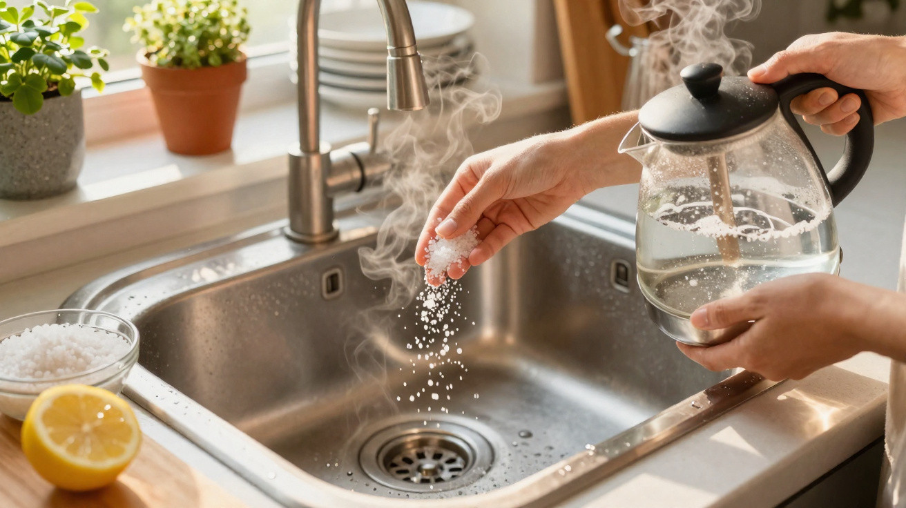 Hands pouring salt into a steaming kitchen sink with a glass kettle of hot water nearby.