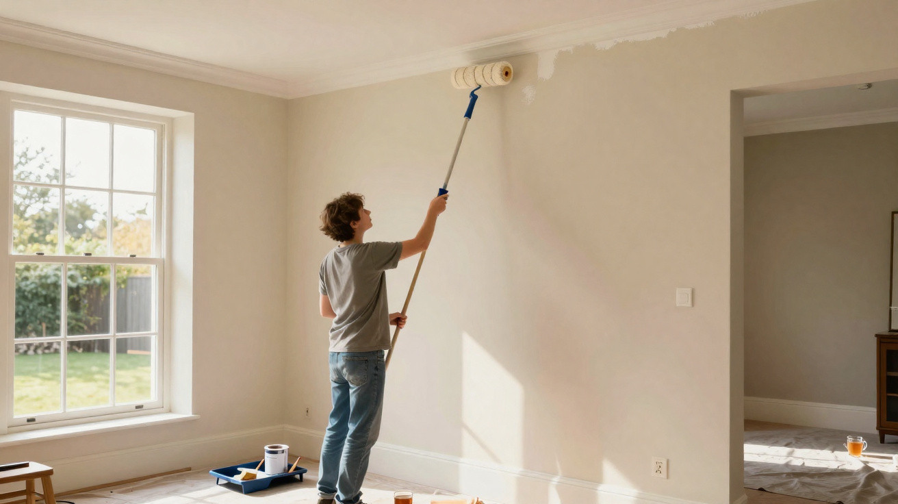 Person painting a beige wall with a roller in a bright room next to a large window.