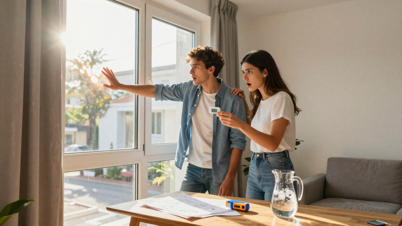 A surprised couple stands by a window inside their home, holding a thermometer and looking outside.
