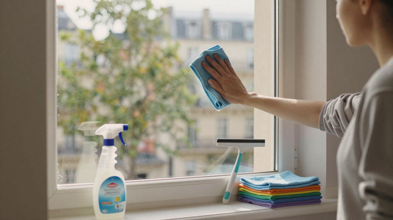 Person cleaning a window with a blue cloth and cleaning supplies on the windowsill.