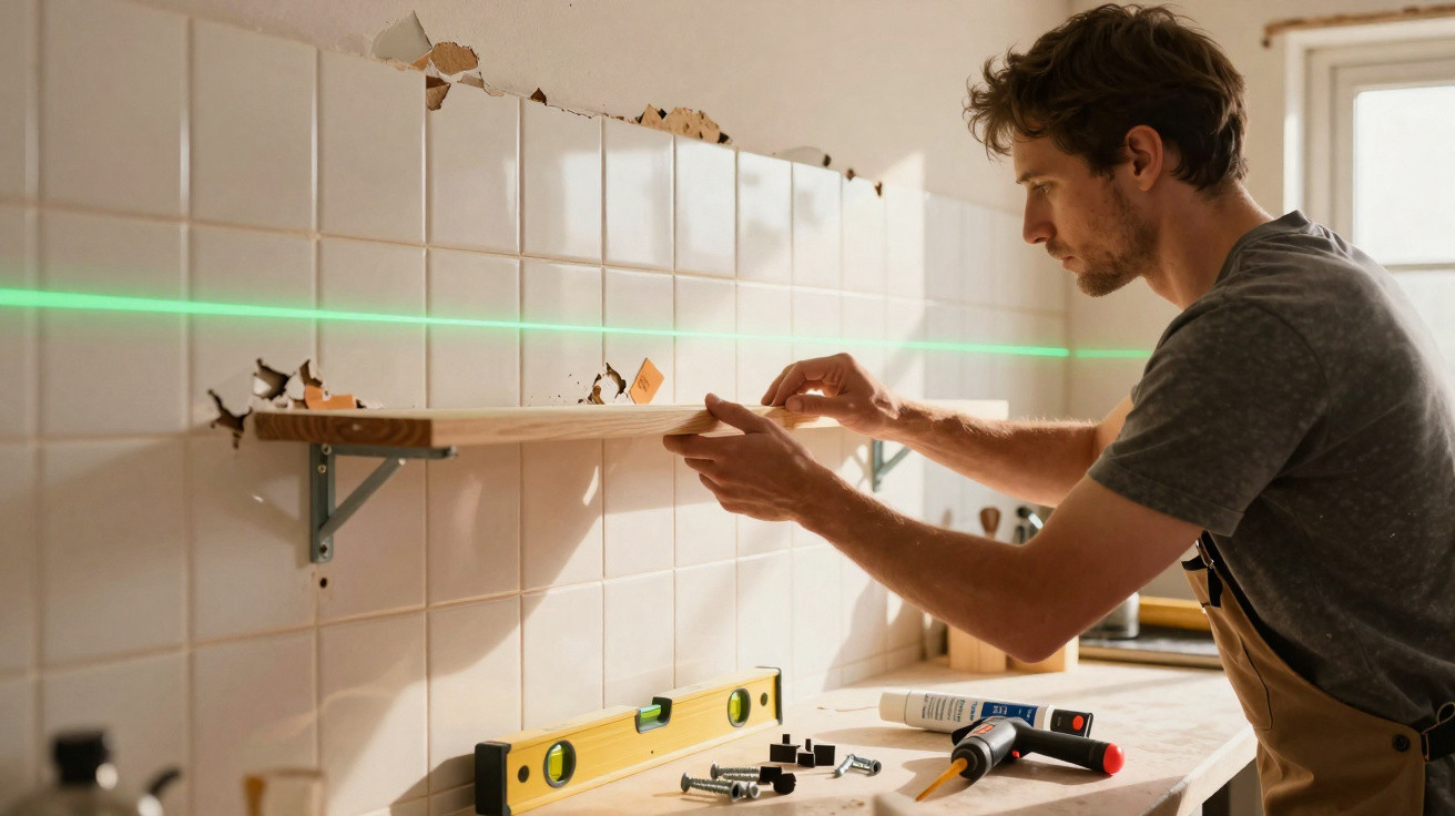 Man installing a wooden shelf on a tiled wall using a laser level and spirit level for alignment.