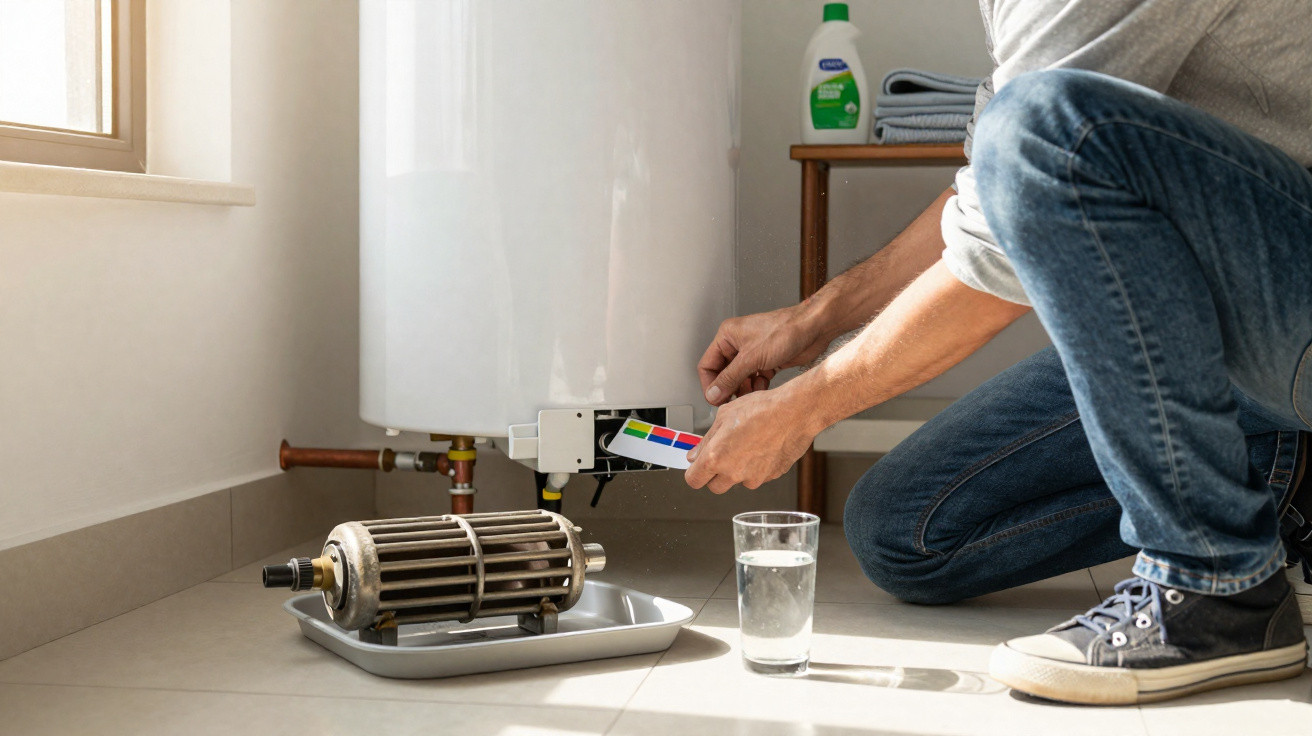 Man testing water quality near a boiler with a colour test strip and a glass of water on the floor.
