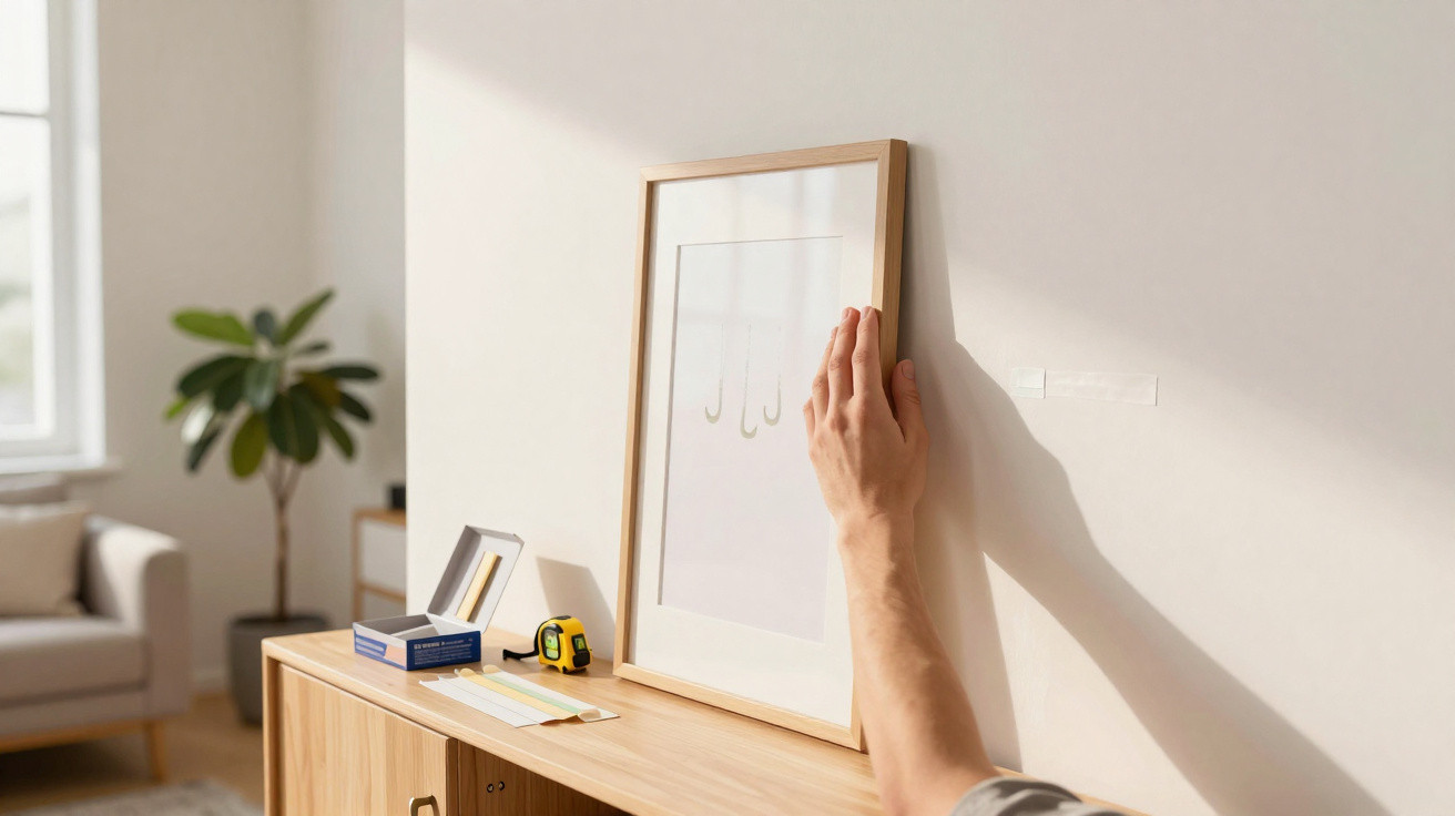 Hand placing a framed picture on a wall above a wooden sideboard with measuring tools nearby.