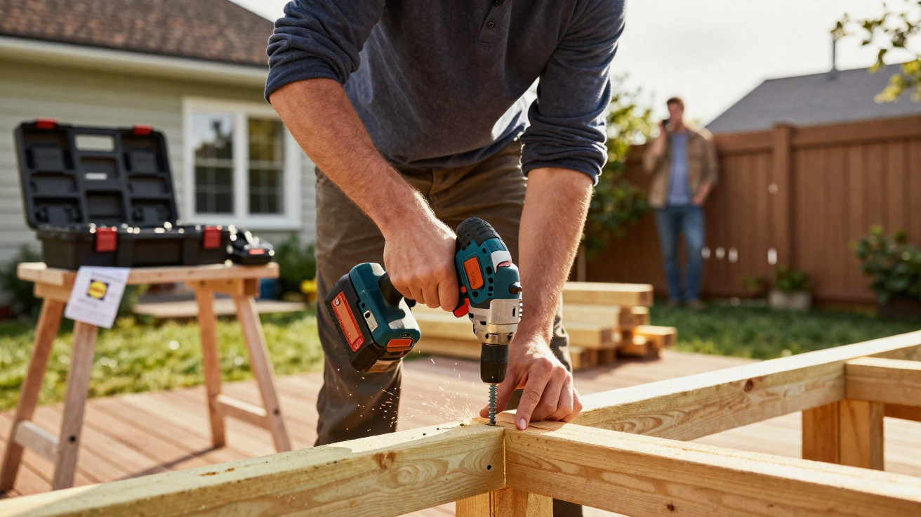 Person using a cordless drill to screw wooden beams together in an outdoor construction project.