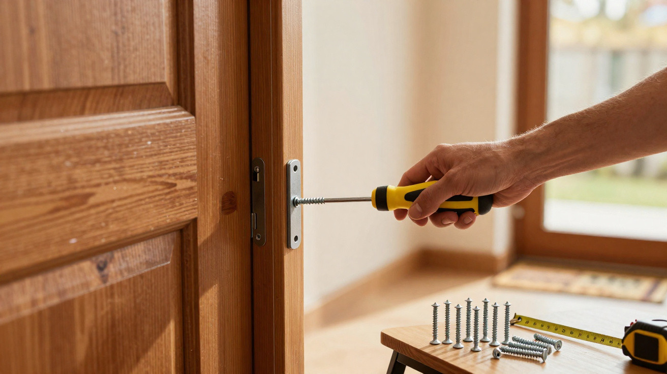 Hand using screwdriver to fix metal plate on wooden door frame with screws on table nearby.