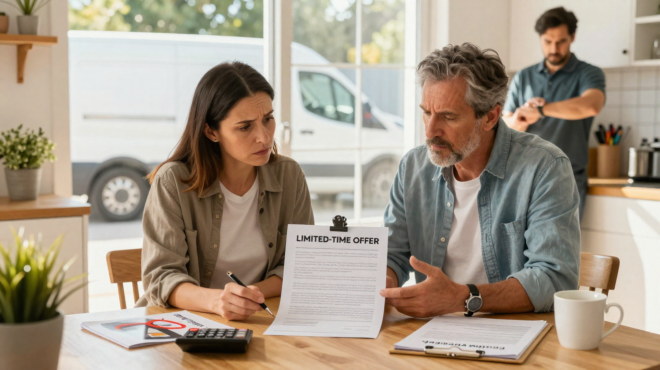 Man and woman reviewing a limited-time offer document at a table while a man checks his watch in the background
