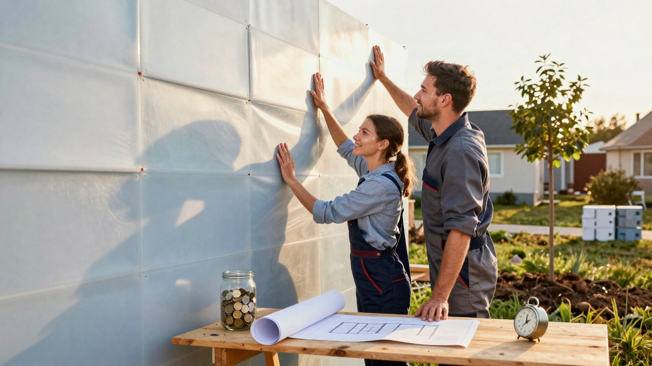 Two people in workwear inspecting or measuring a wall outside near a garden at sunset.