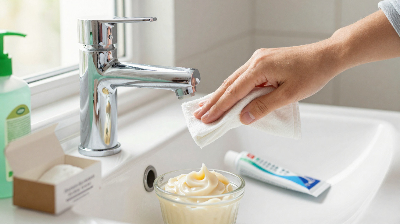 Hand wiping bathroom sink near faucet, with cream in bowl and toothpaste tube nearby.
