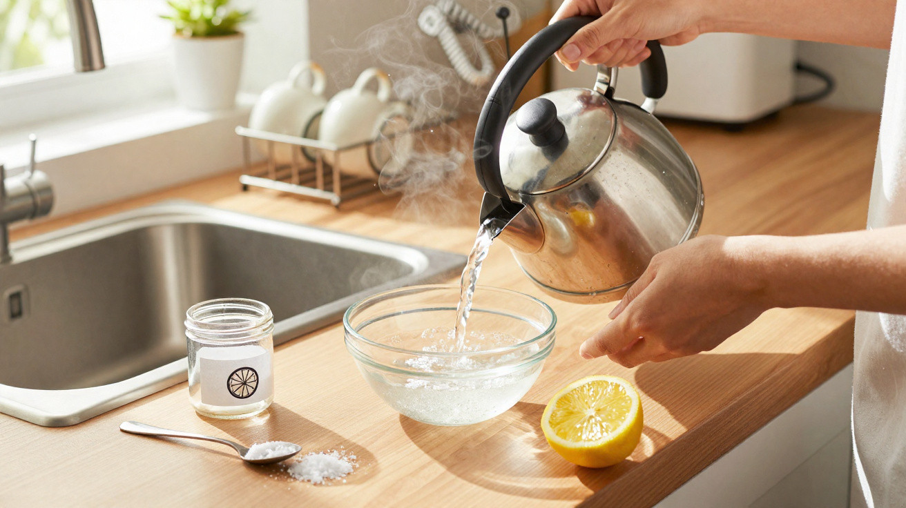 Person pouring hot water from a kettle into a glass bowl with lemon and salt on a kitchen counter.