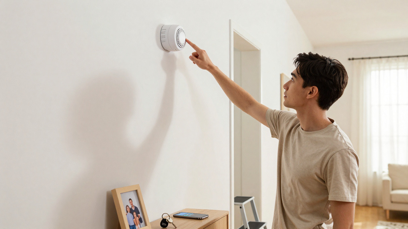 Young man adjusting a wall-mounted thermostat in a bright, modern living room.