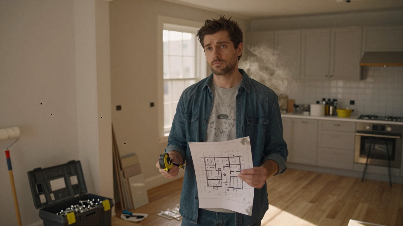 Man holding a floor plan and tape measure standing in a partially renovated kitchen with tools around.