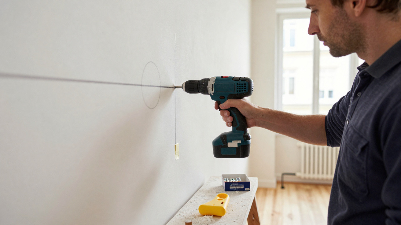 Man using a cordless drill to make a hole in a wall inside a bright room with wooden flooring.
