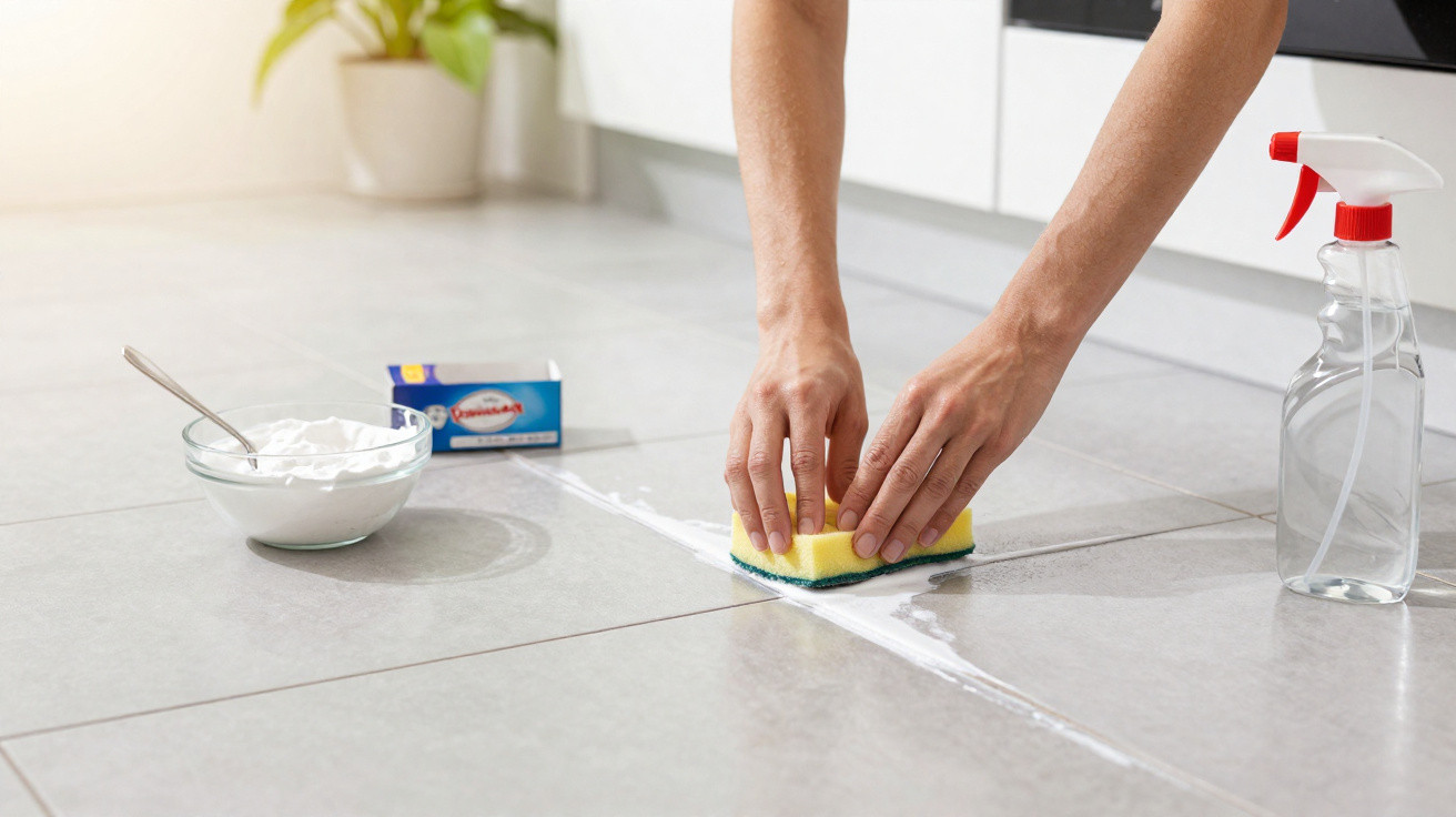 Hands scrubbing white tile floor grout with a sponge, bicarbonate box, cleaning spray, and bowl of paste nearby.