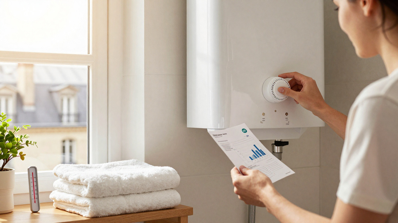 Person adjusting a white thermostat on a boiler while holding an energy bill in a bright bathroom.